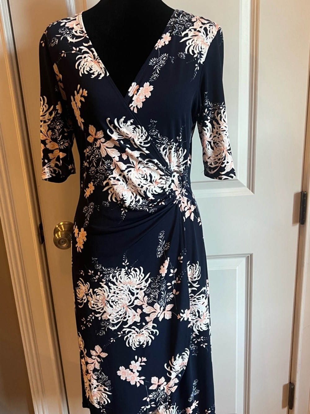 Glamour Navy Wrap Midi Dress with Pink and White Floral Print